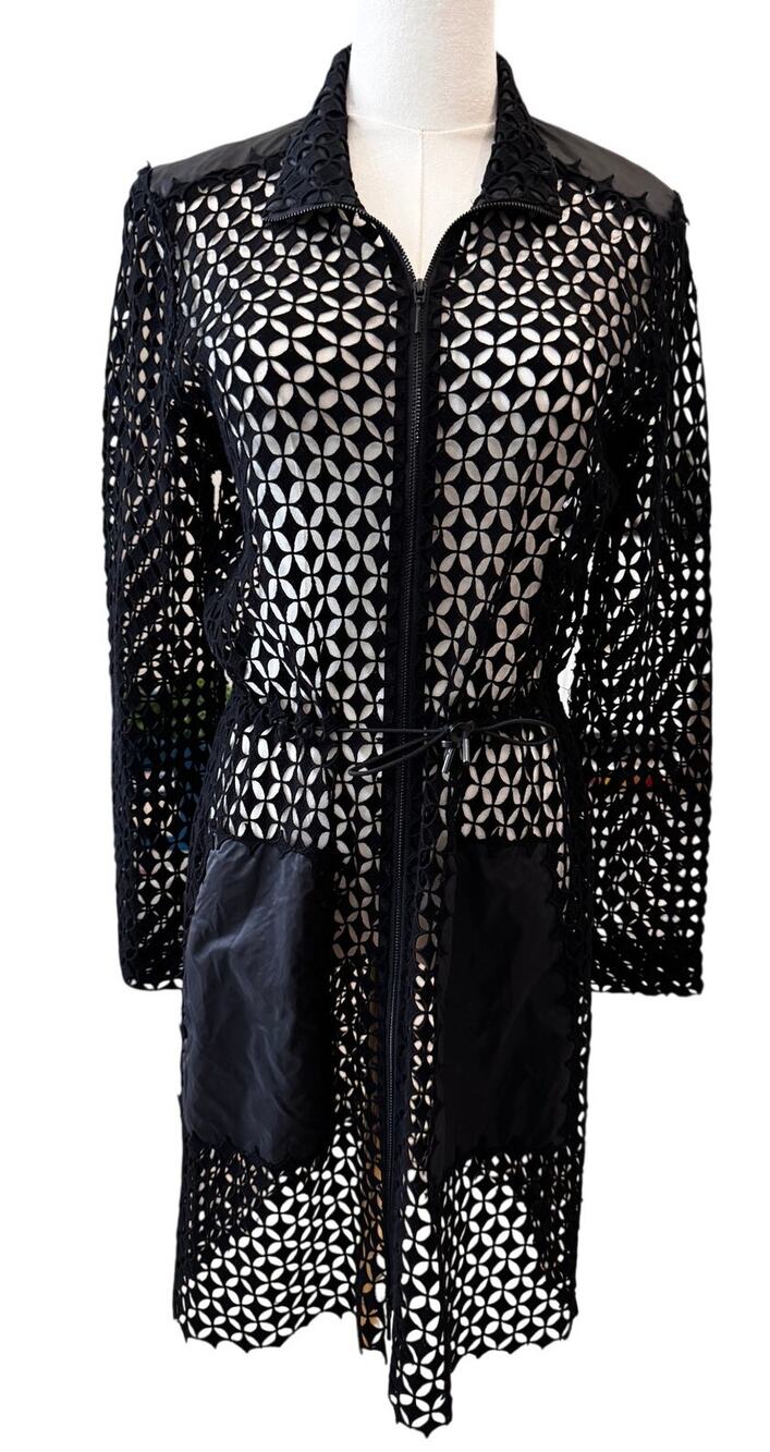 Elie Tahari Black Sheer Crochet Lace Front Belted Swim Cover up Dress Small - Picture 1 of 6